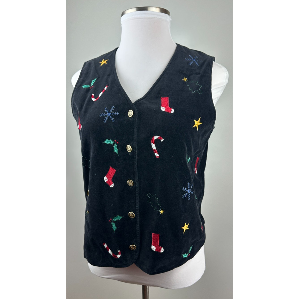 Talbots Christmas Themed Black Velvet Lined Button Up Vest Holiday Print Large - Picture 14 of 14